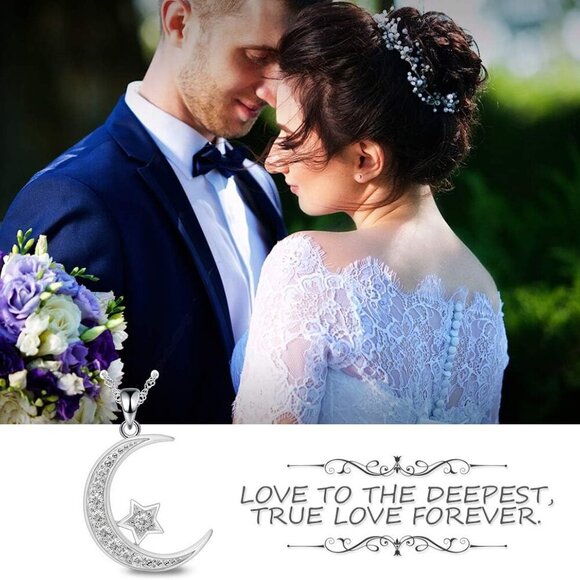 Sterling Silver Crescent Moon Star Necklace Cubic Zirconia Jewelry for Teen & Wo - Picture 5 of 9